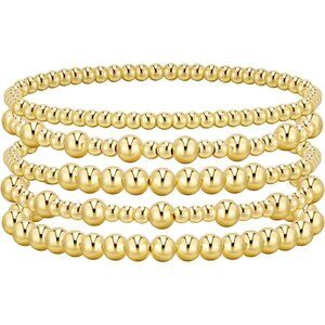 Women Gold Beaded Bracelets Set 14K Gold Plated Stylish Stackable Jewelry
